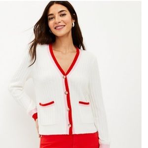 Women LOFT Cardigan | Tipped Puff Sleeve V-Neck Cardigan Whisper White